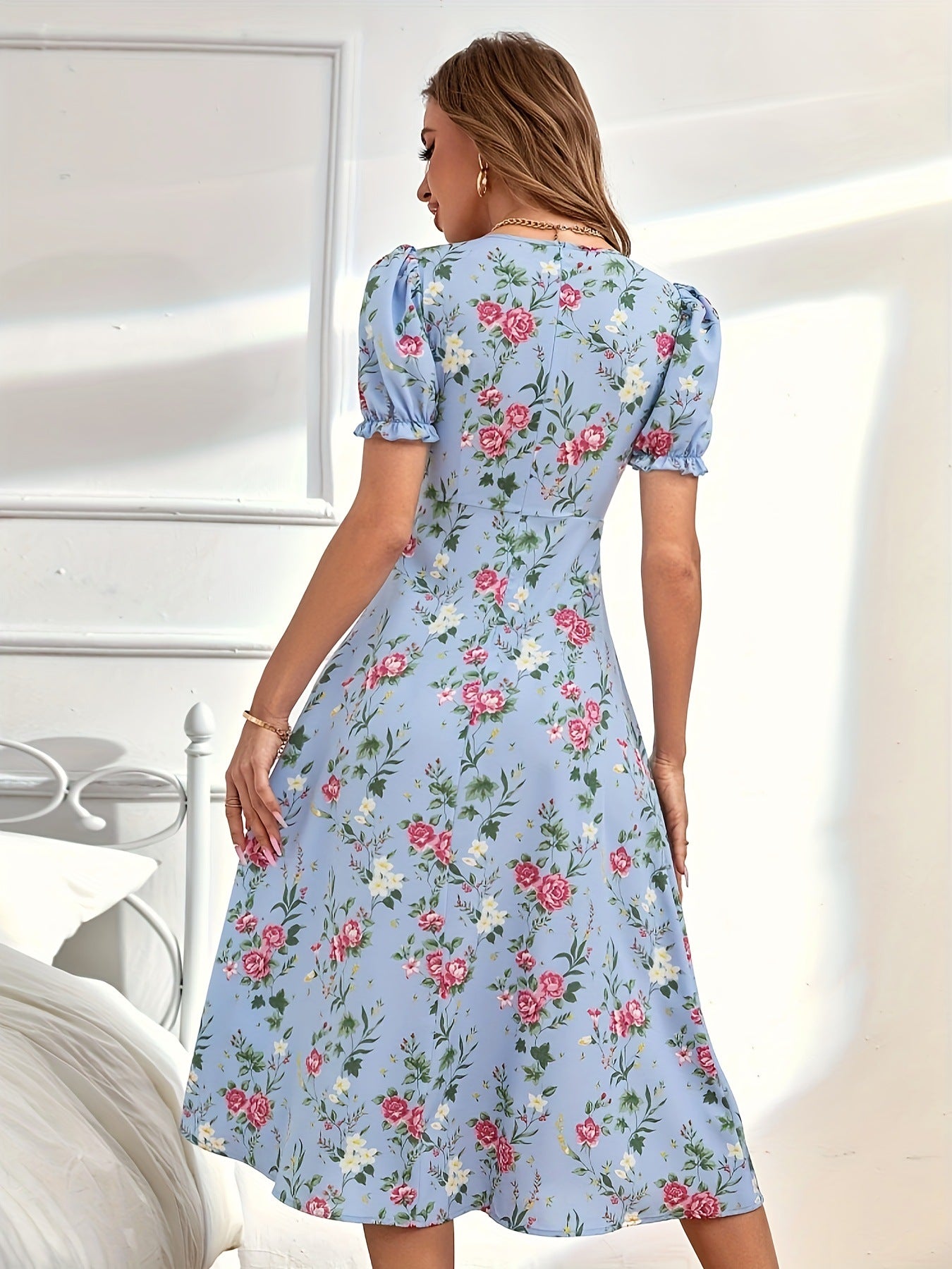 Striped Flower Short Sleeve Flowy Midi Dress