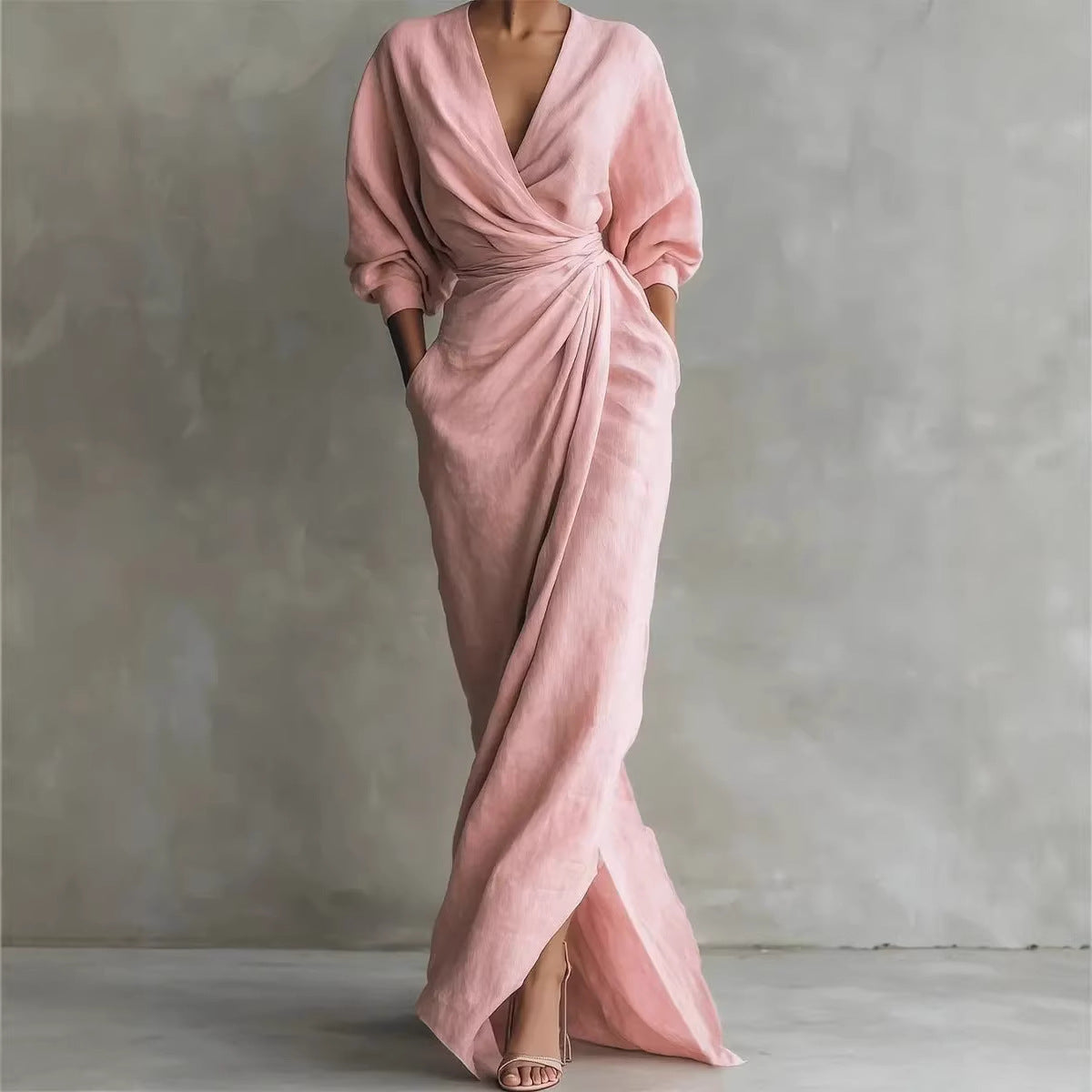 Deep V-Neck Long Sleeve Wrap Ruched High Split Maxi Dress
