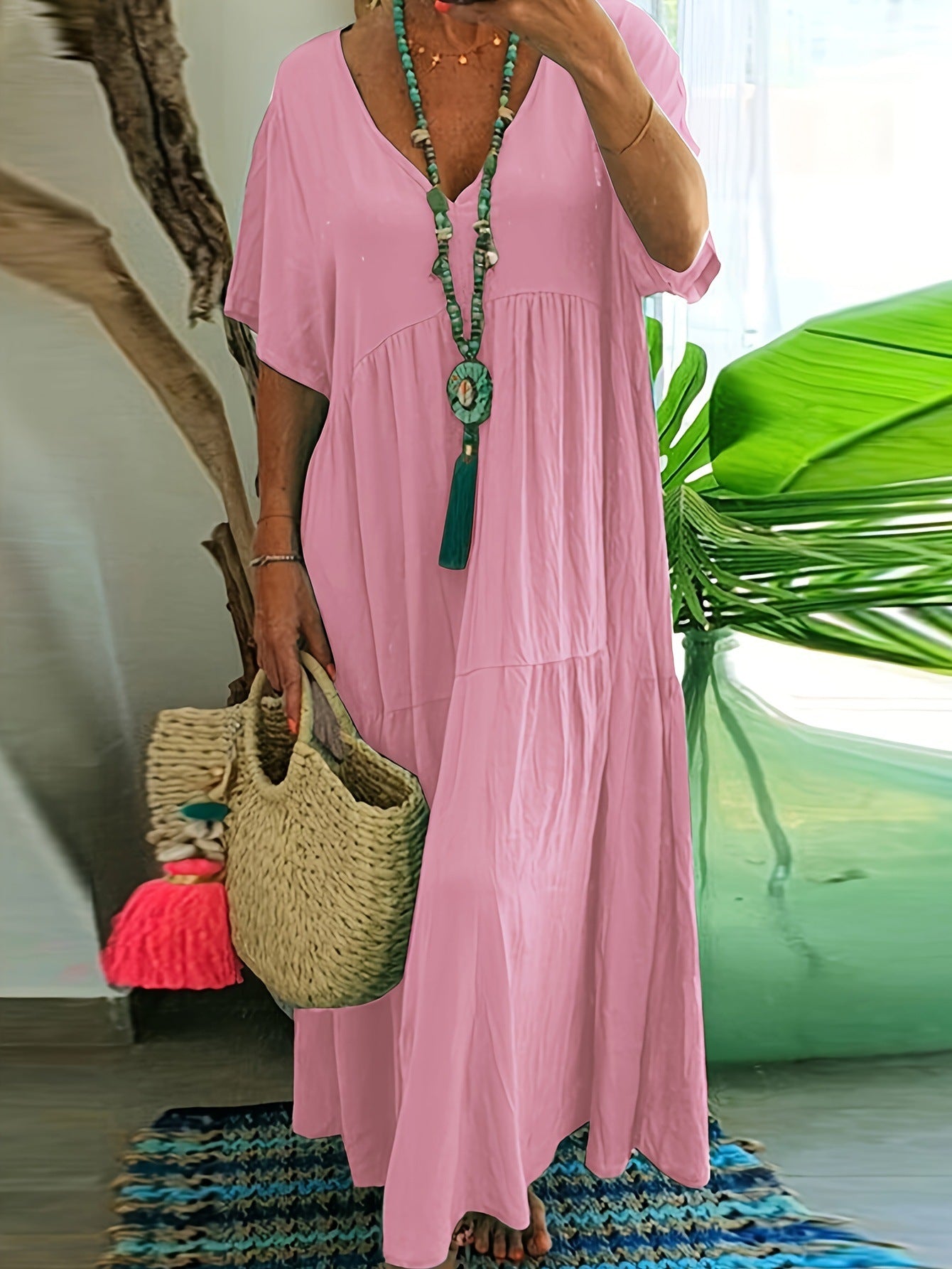 V-Neck Short Sleeve Tiered Linen Maxi Dress 12