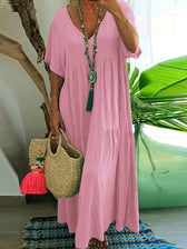 V-Neck Short Sleeve Tiered Linen Maxi Dress 12