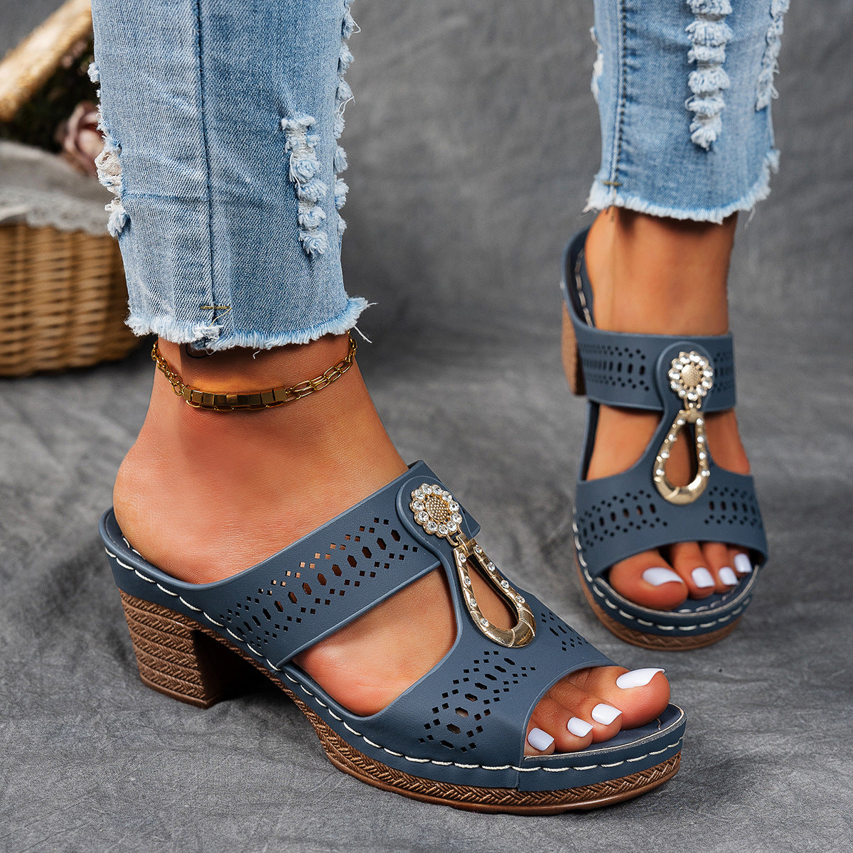 Open Toe Cut Out Embellished Block Heel Platform Slides