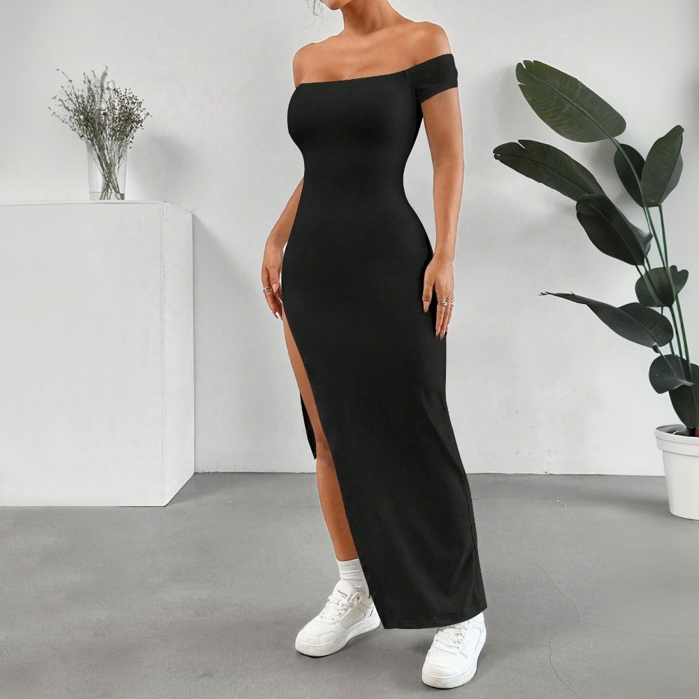 Women Clothing Elegant Sexy Dress Spring Summer Black off the Shoulder Slit Midi Dress