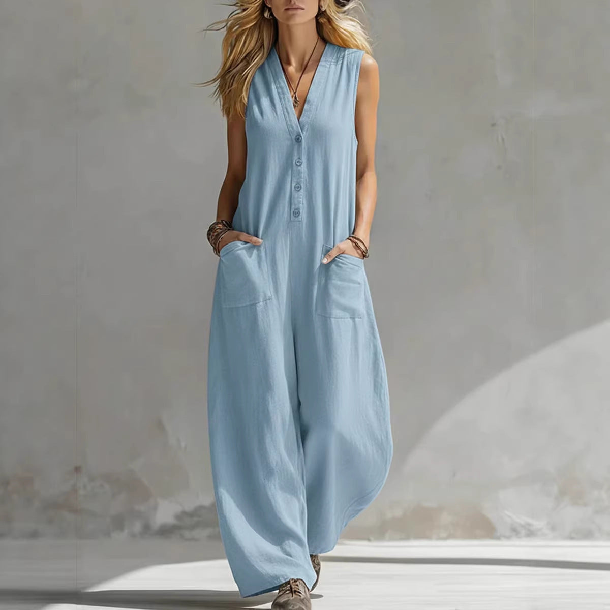 V-Neck Sleeveless Button Front Wide Leg Jumpsuit with Pockets