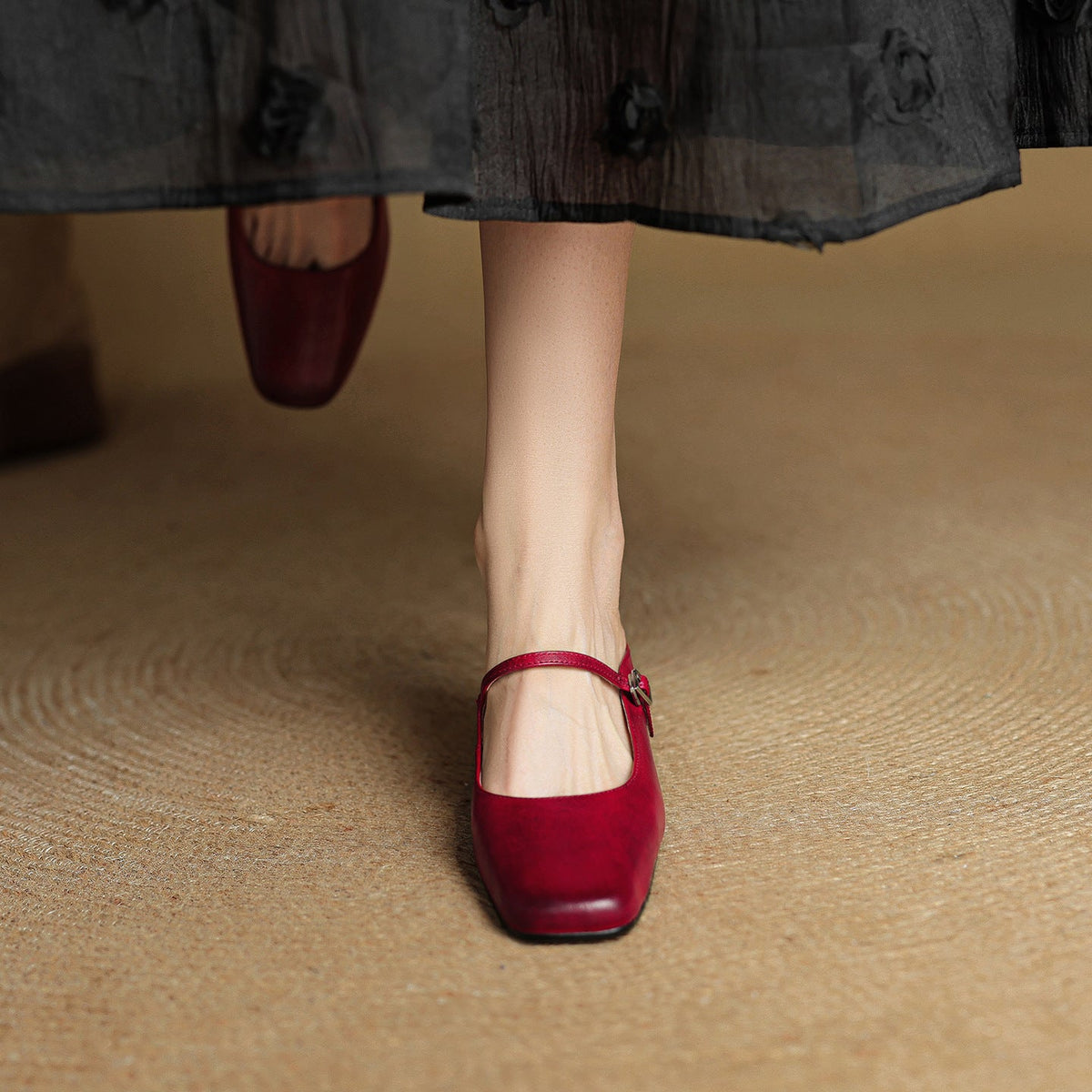 Square Toe Buckle Strap Block Heel Mary Jane Mules