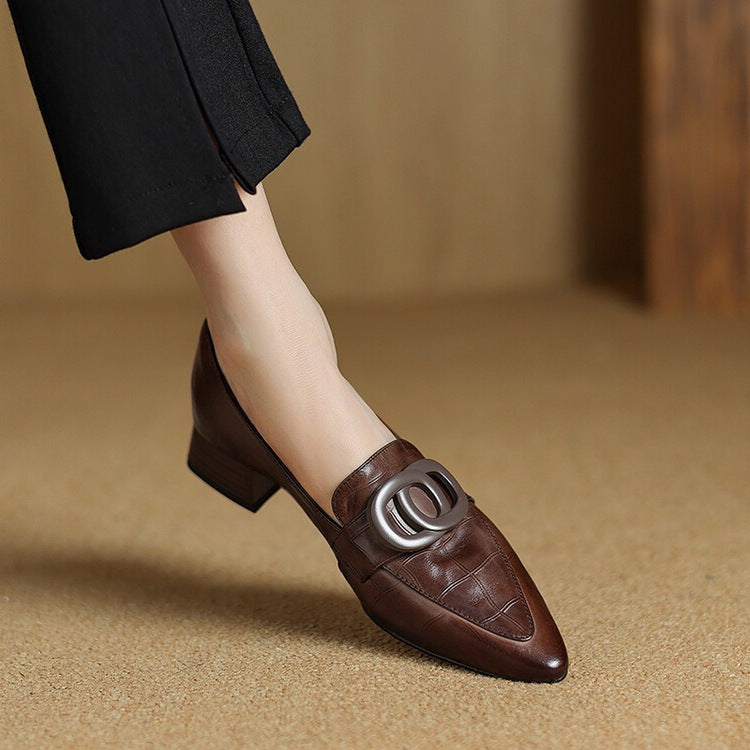 Pointed Toe Ring Buckle Slip On Loafers
