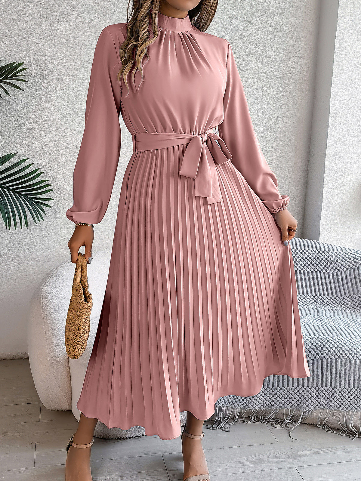 Mock Neck Long Sleeve Tie Waist Pleated A-Line Midi Dress 7