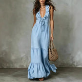 Deep V-Neck Sleeveless Ruffle Tiered Maxi Dress 4