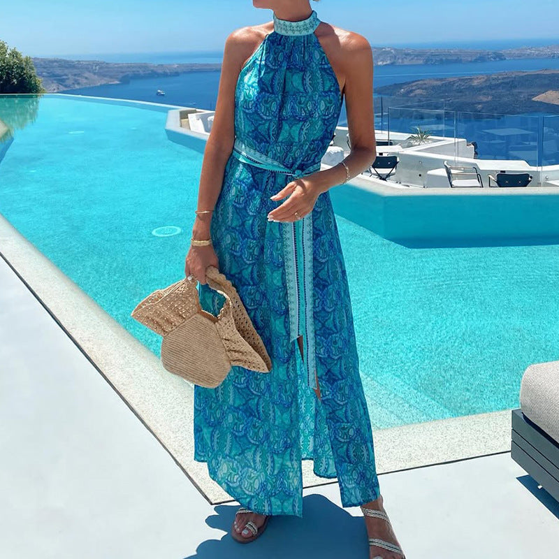 Women Clothing Printed Sleeveless Cold Shoulder Sexy Long Vacation Dress