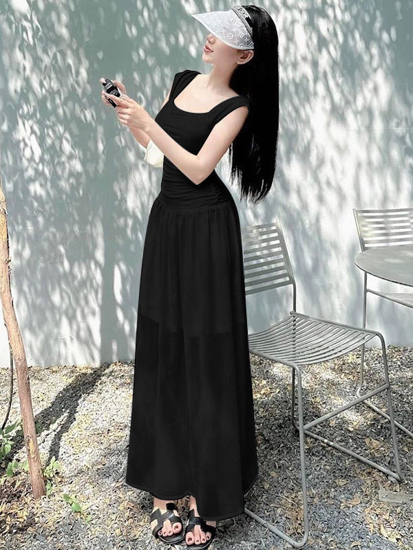 Square Neck Sleeveless Fitted Bodice Drop Waist Flowy Maxi Dress