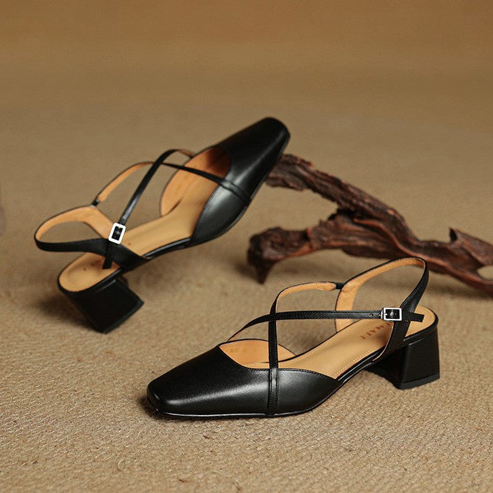 Square Toe Cross Strap Block Heel Slingback Pumps