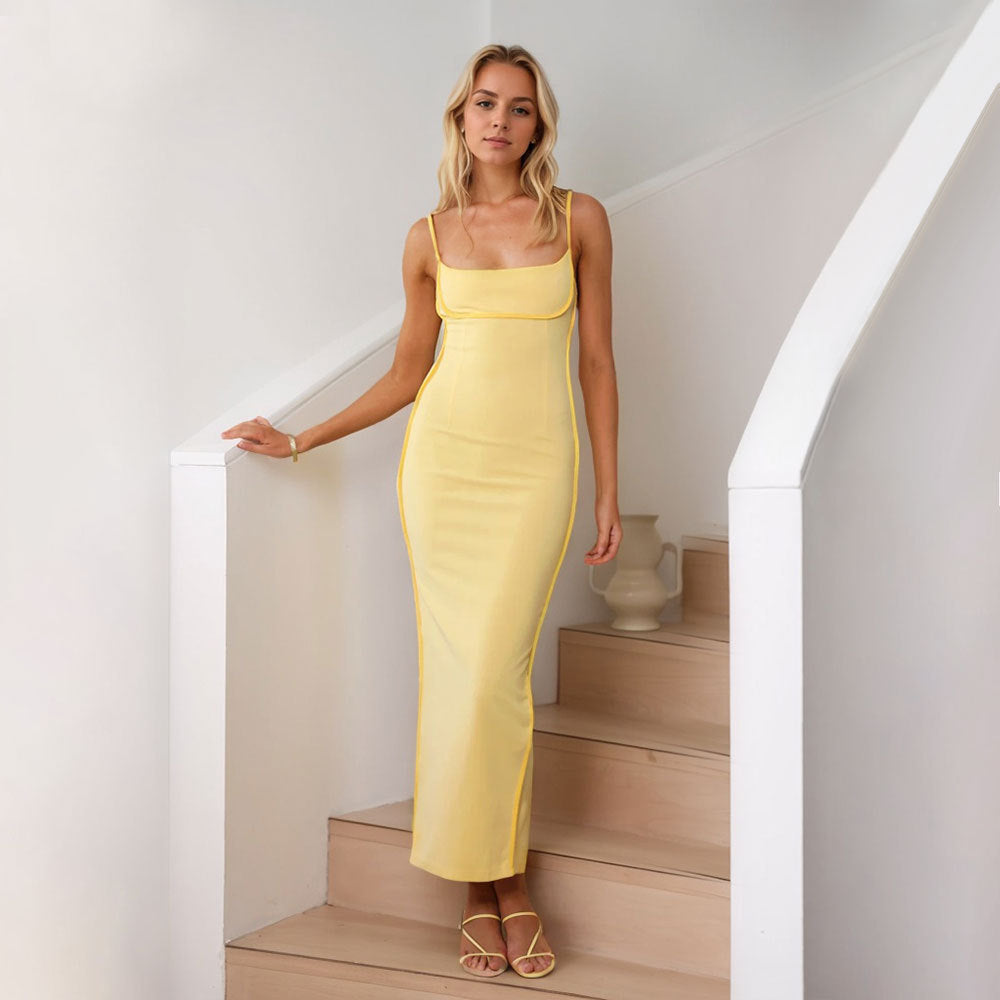 Square Neck Spaghetti Strap Contrast Piping Bodycon Maxi Dress 2