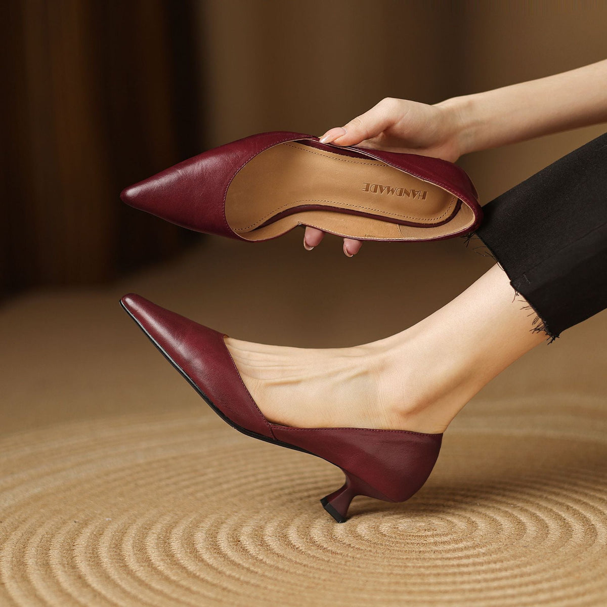 Pointed Toe Slip On Flared Kitten Heel Pumps