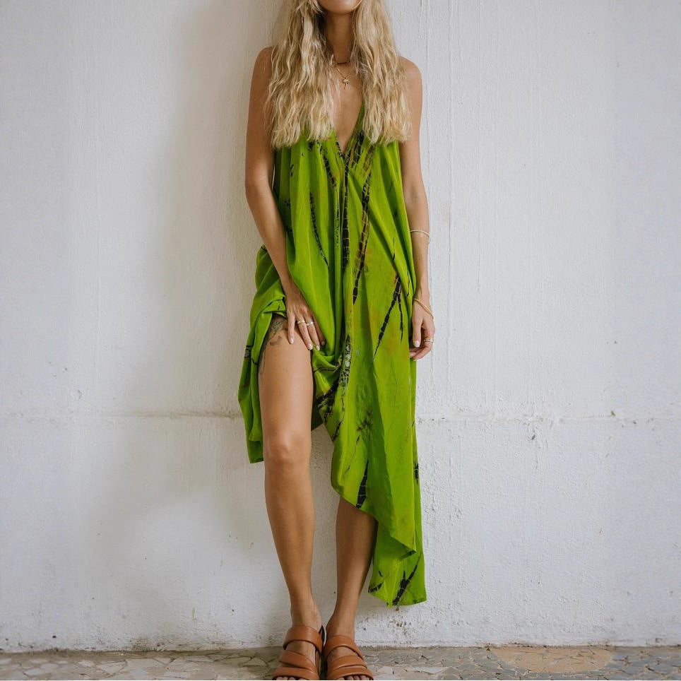 Tie Dye Deep V-Neck Sleeveless Backless Asymmetric Hem Midi Dress