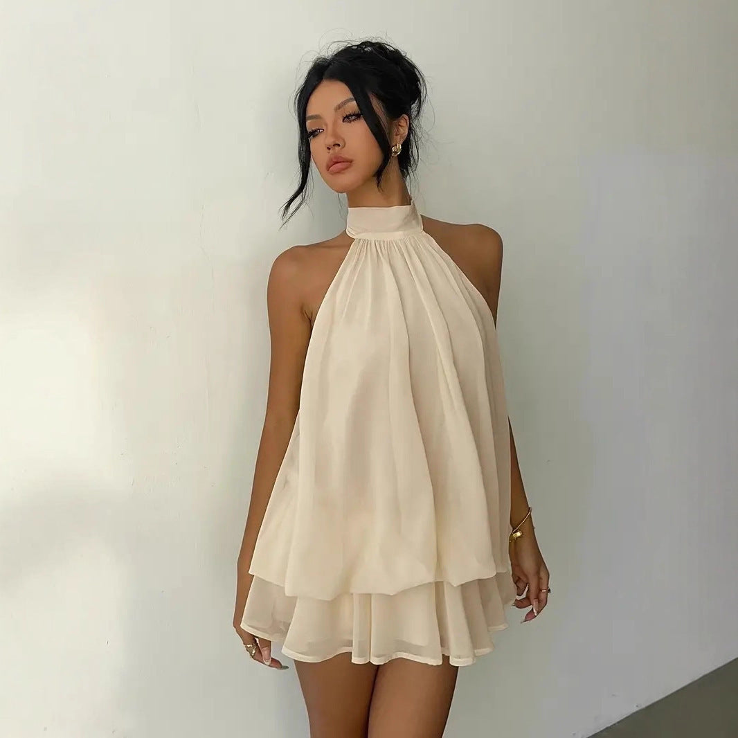 Sheer Chiffon Halter Neck Backless Layered Ruffle Mini Dress 7