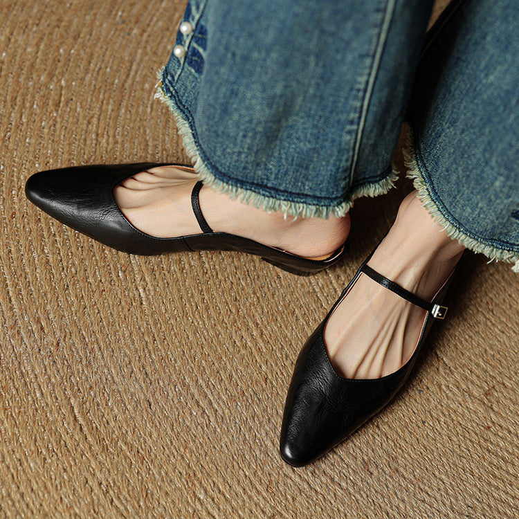 Pointed Toe Ankle Strap Buckle Flat Mary Jane Shoes