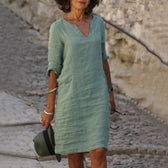 Split Neck Short Sleeve Pocket Shift Midi Dress 14