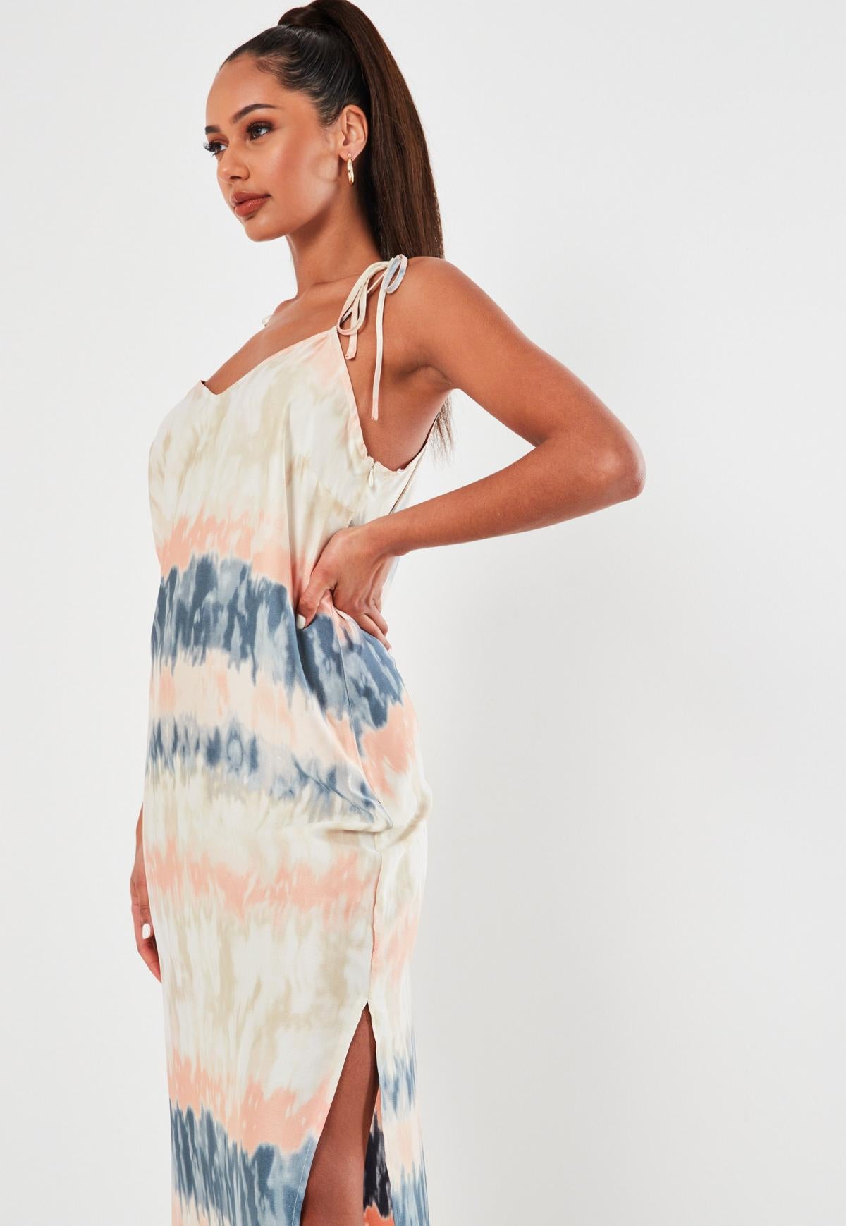 Tie Dye Striped Tie Shoulder Cami Side Split Midi Dress 2