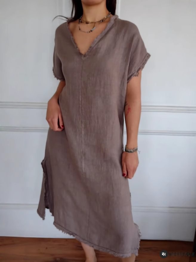 Linen-Look V-Neck Short Sleeve Frayed Edge Side Split Midi Dress 3