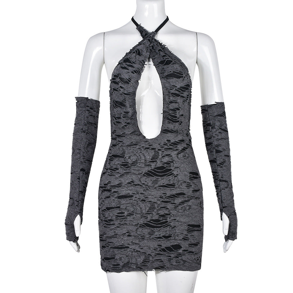 Distressed Ripped Halter Neck Cut Out Backless Bodycon Mini Dress 4