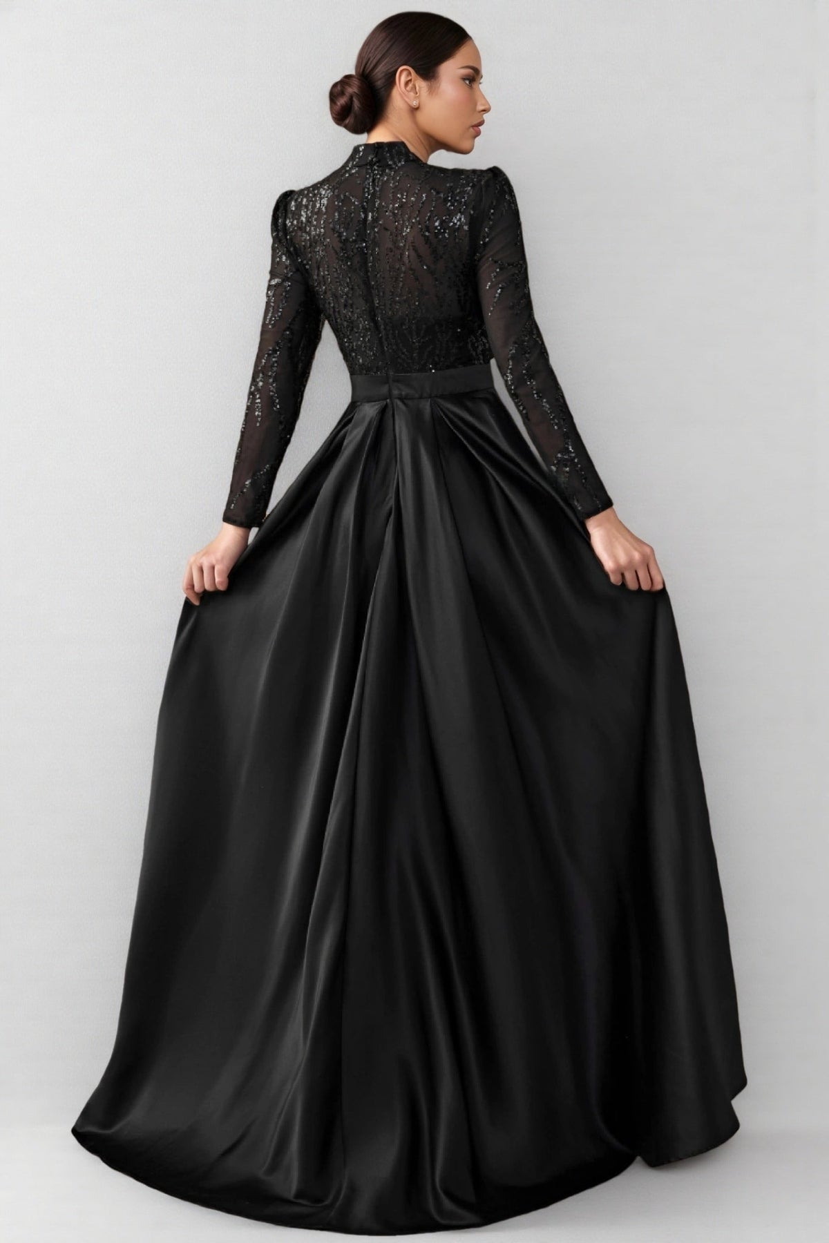 Sequin Mock Neck Long Sleeve Satin Overskirt Maxi Gown 6
