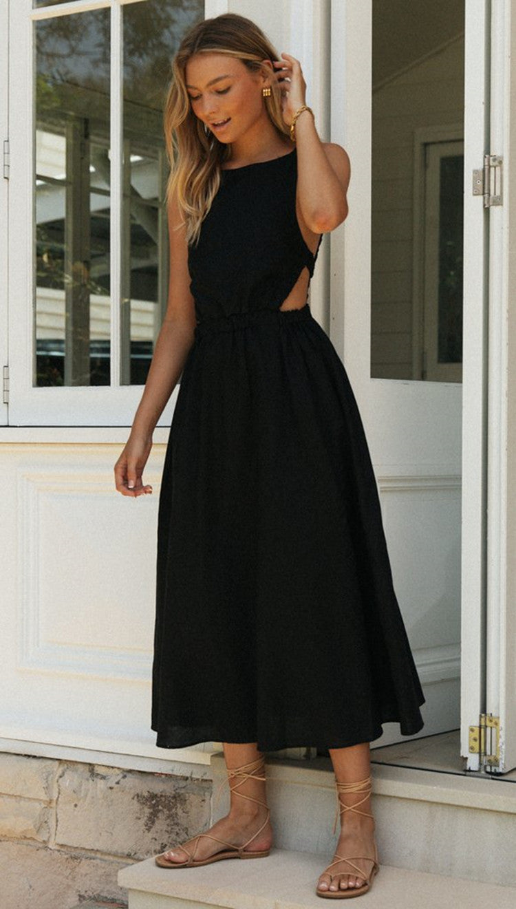 Linen-Look Sleeveless Side Cut Out Open Back Elastic Waist Maxi Dress 6