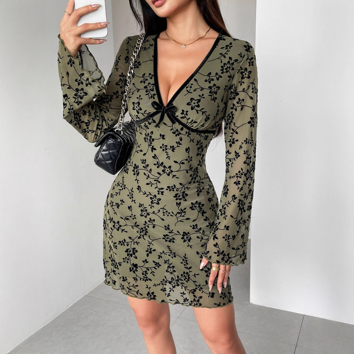 Spring Bell Sleeve Double Layer Mesh Flocking Large V neck Dress Women