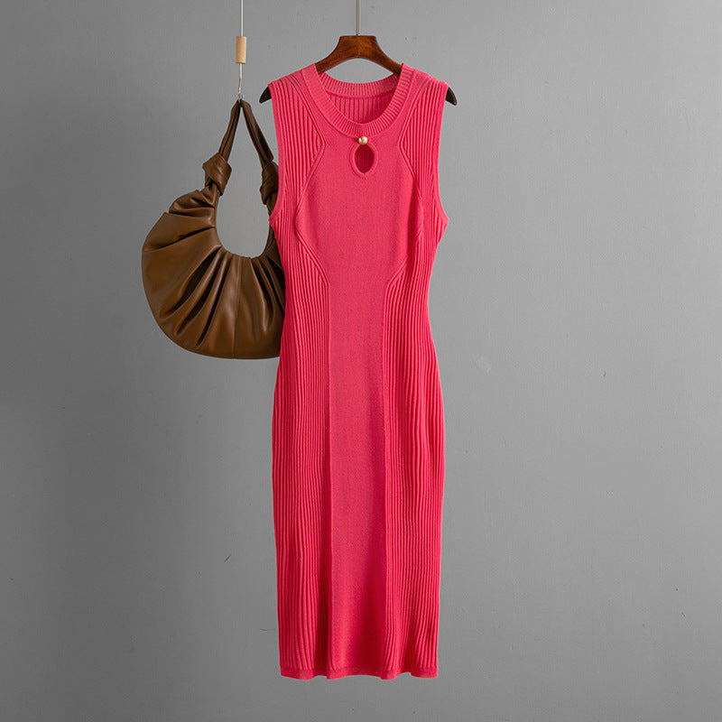 Summer round Neck Sleeveless Ice Silk Knitted Dress Slim Fit Solid Color Bottoming Dress Mid Length