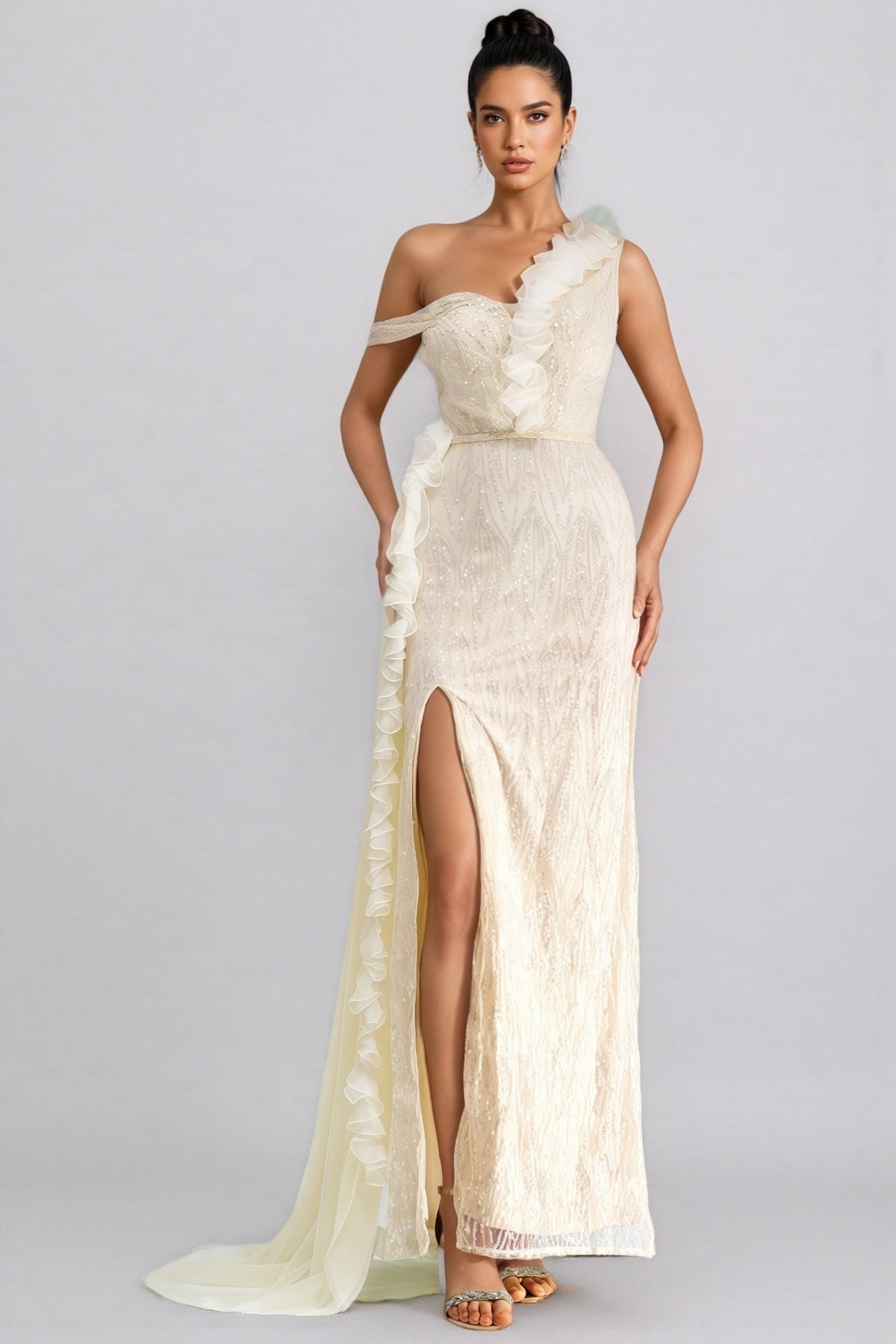 One Shoulder Sequin Mesh Ruffle Trim High Split Draped Train Maxi Gown