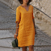Split Neck Short Sleeve Pocket Shift Midi Dress 17