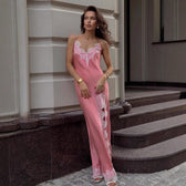 Satin V-Neck Lace Trim High Split Slip Maxi Dress