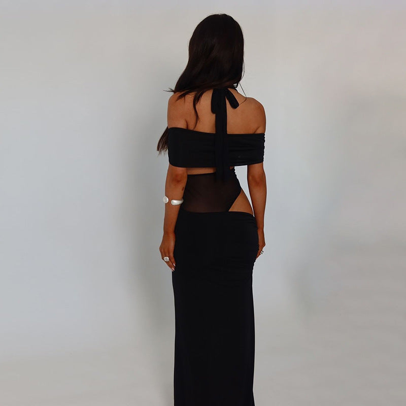 Summer off Shoulder Halter Mesh Hollow Out Cutout Waist Baring Slim Fit Formal Dress Women