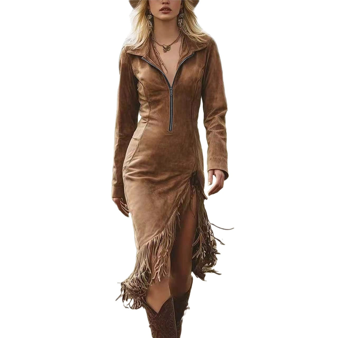 Faux Suede Long Sleeve Fringe High Split Bodycon Midi Dress 5