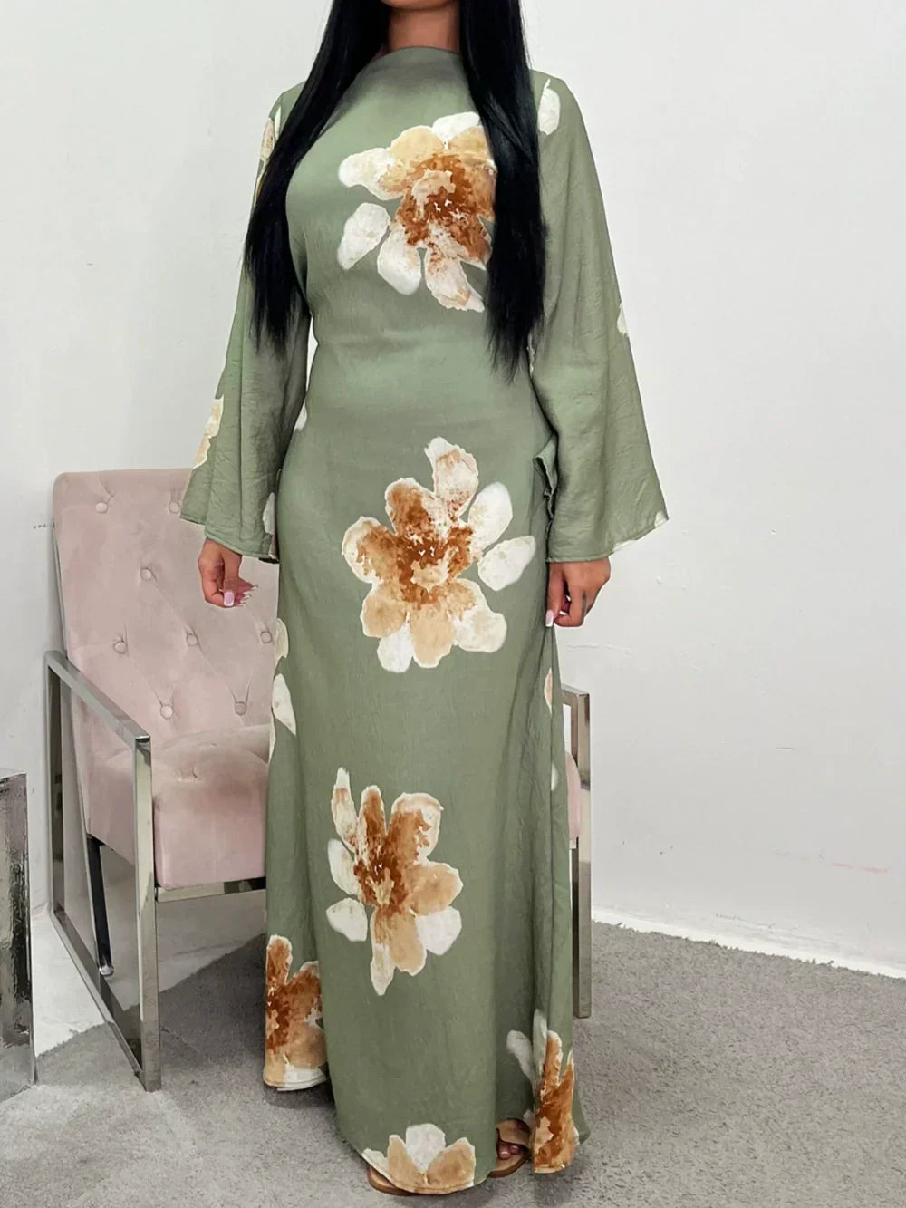 Printed dress with a tight waist maxi dress Green
