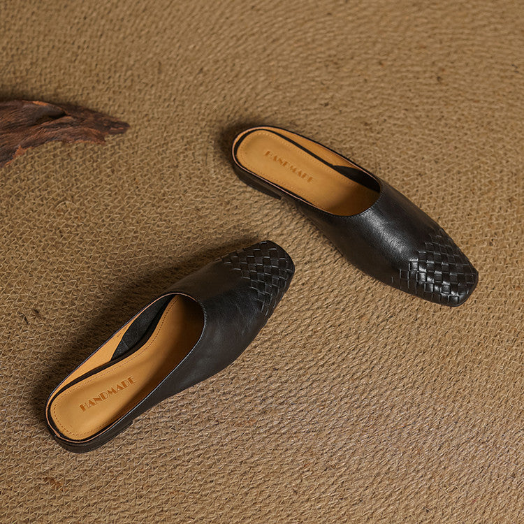 Square Toe Woven Detail Low Block Heel Mules