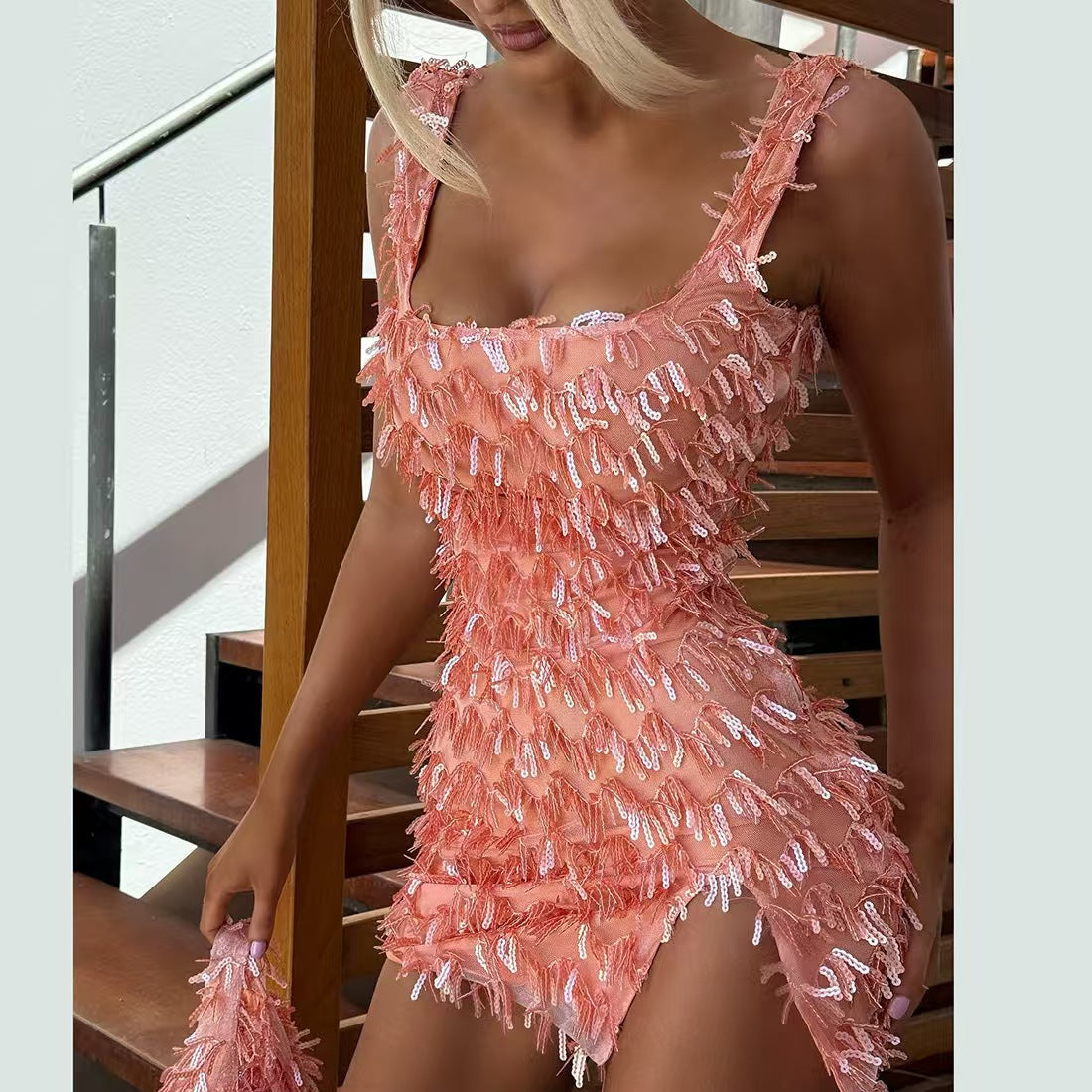Sequin Fringe Square Neck High Split Bodycon Mini Dress
