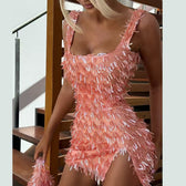 Sequin Fringe Square Neck High Split Bodycon Mini Dress