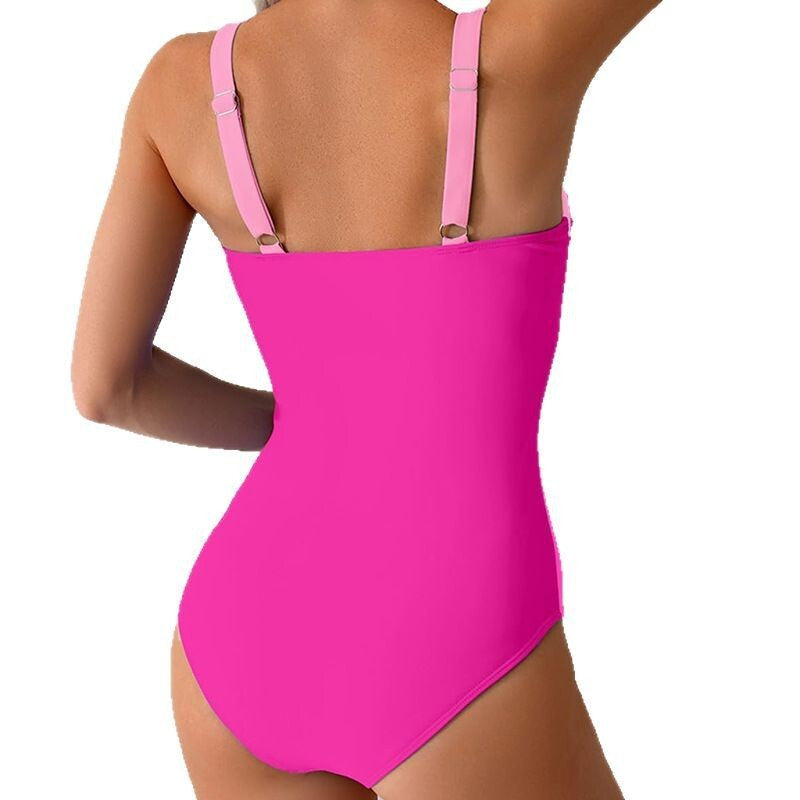 Twist Front Ruched Contrast Panel One Piece Swimsuit