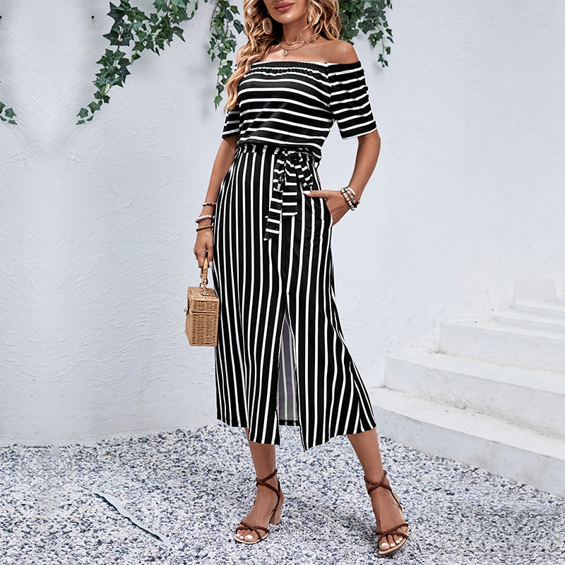 Women off Shoulder Striped Summer Dress