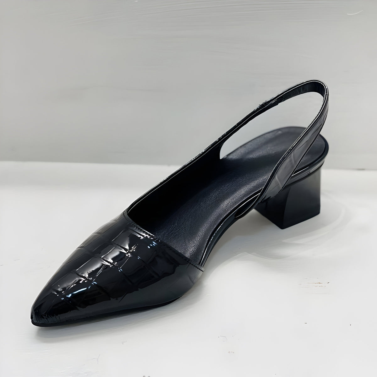 Pointed Toe Croc Look Block Heel Slingback Pumps