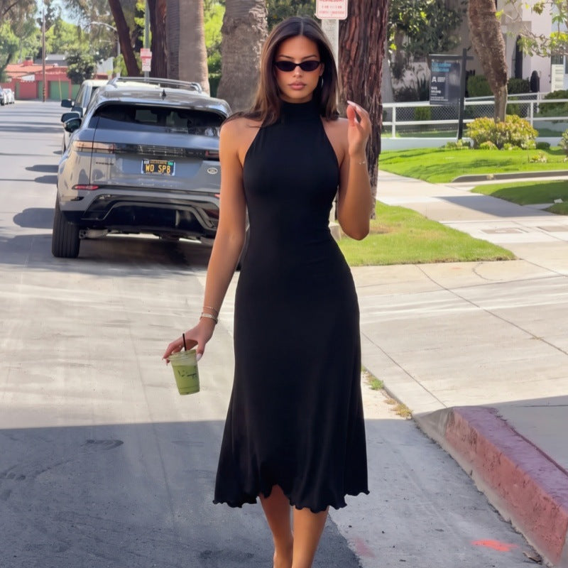 Women Solid Color Sleeveless Halter Backless Maxi Dress Sexy Waist Dress