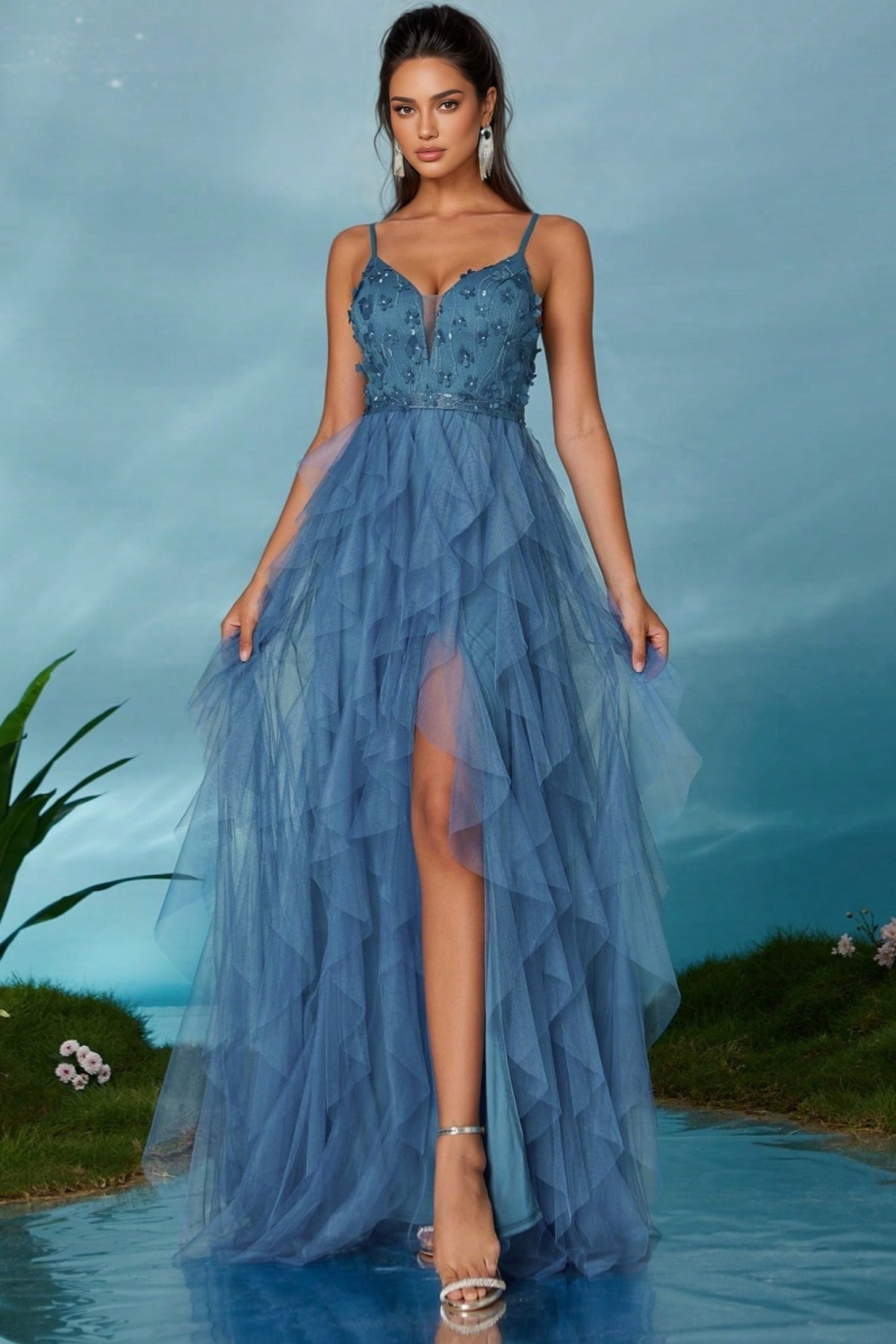 Floral Applique V-Neck Spaghetti Strap Ruffle Tulle High Split Maxi Gown