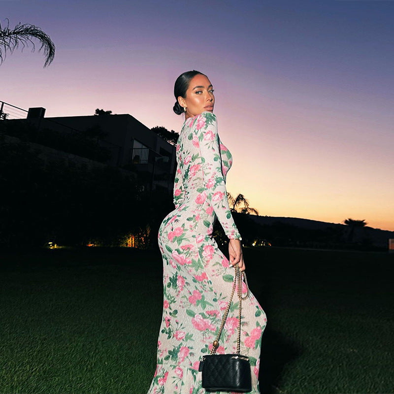 Floral Print Mock Neck Long Sleeve Bodycon Ruffle Hem Maxi Dress 3