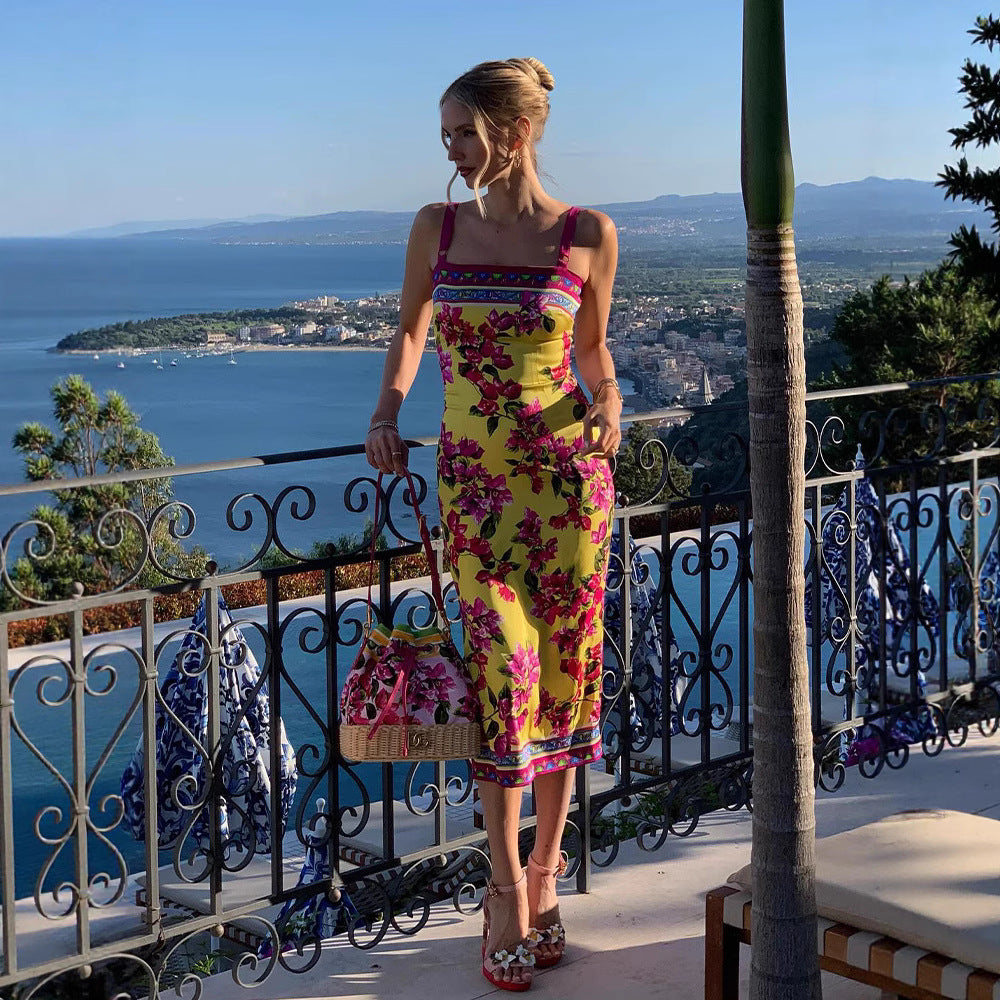 Summer Ethnic Retro Printed Slim Fit Sheath Sling Dress Maxi Dress for Women