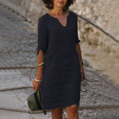 Split Neck Short Sleeve Pocket Shift Midi Dress 7