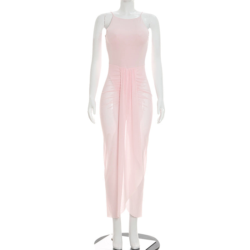 Sleeveless Halter Bodysuit Top with Draped Sheer Mesh Overlay Maxi Dress 2
