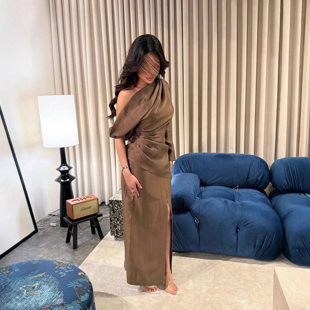Spring Summer Elegant Retro One Shoulder Pleated Slim Slit Dress