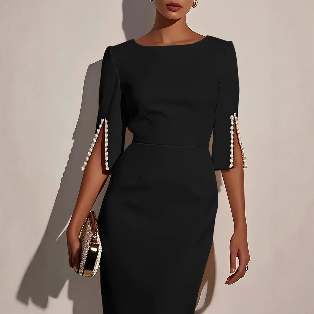 Boat Neck Split Sleeve Pearl Button Bodycon Midi Dress 3