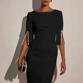 Boat Neck Split Sleeve Pearl Button Bodycon Midi Dress 3