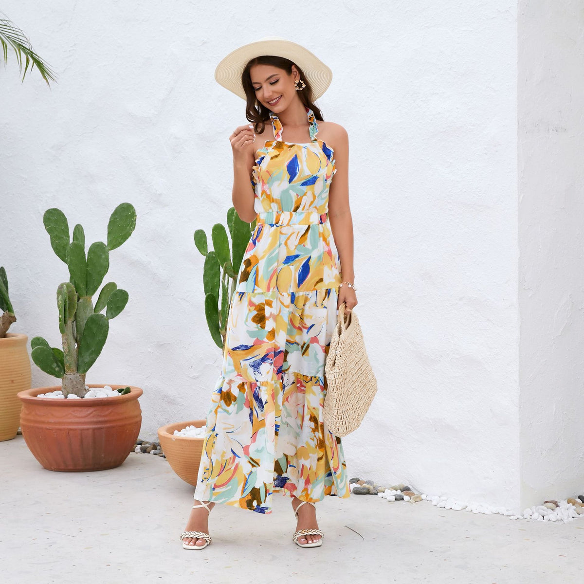 Spring Summer Independent Design Halter Ruffled Sleeveless Backless Fresh Printed Dress