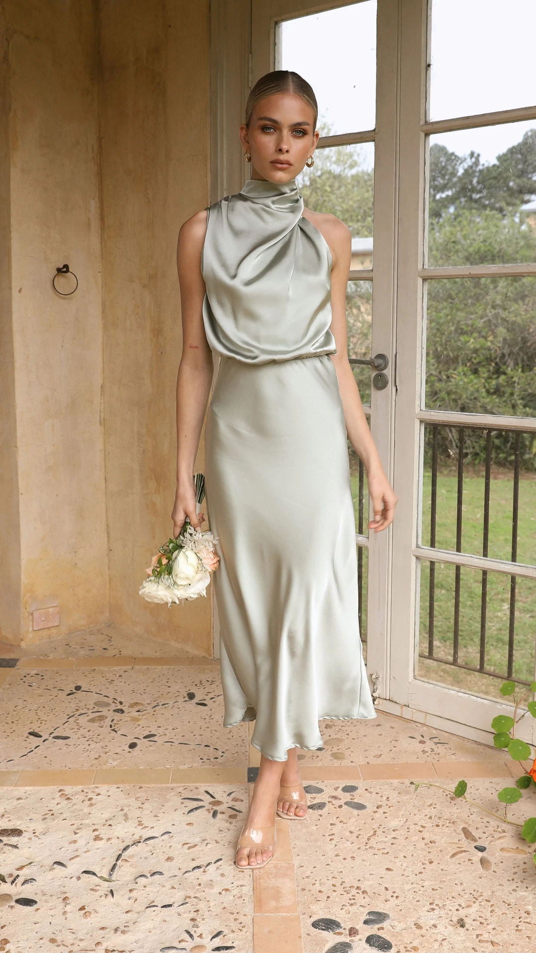 Satin High Neck Draped Sleeveless Blouson Midi Dress 4